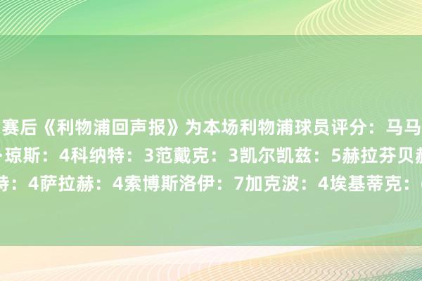赛后《利物浦回声报》为本场利物浦球员评分：马马尔达什维利：5柯蒂斯·琼斯：4科纳特：3范戴克：3凯尔凯兹：5赫拉芬贝赫：4麦卡利斯特：4萨拉赫：4索博斯洛伊：7加克波：4埃基蒂克：6伊萨克：4小基耶萨：5    体育录像/图片