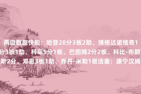 两边数据快船：哈登28分3板2助、博格达诺维奇10分1板1助、祖巴茨8分3板1助、科菲5分1板、巴图姆2分2板、科比-布朗2分1板1助、尤班克斯2分、邓恩3板1助、乔丹-米勒1板活塞：康宁汉姆15分3板4助、施罗德15分3板4助、奥萨尔6分2板1助、斯图尔特6分1板2助、霍兰5分、小哈达威4分4板1助、杜伦4分3板2助、丰泰基奥2分2板    体育集锦